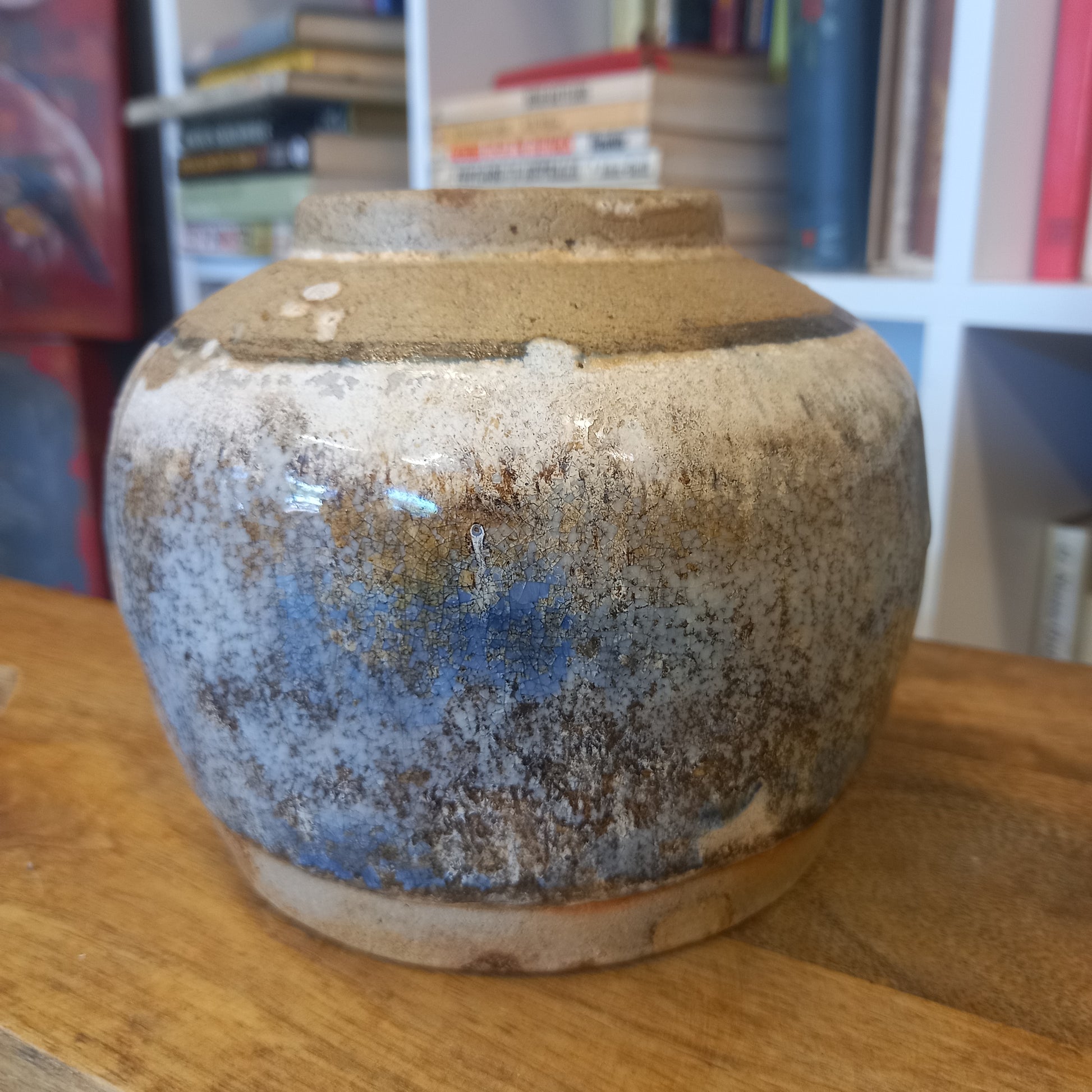 Vintage Cream Ginger Jar with blue tones no lid-Decor-Tilbrook and Co