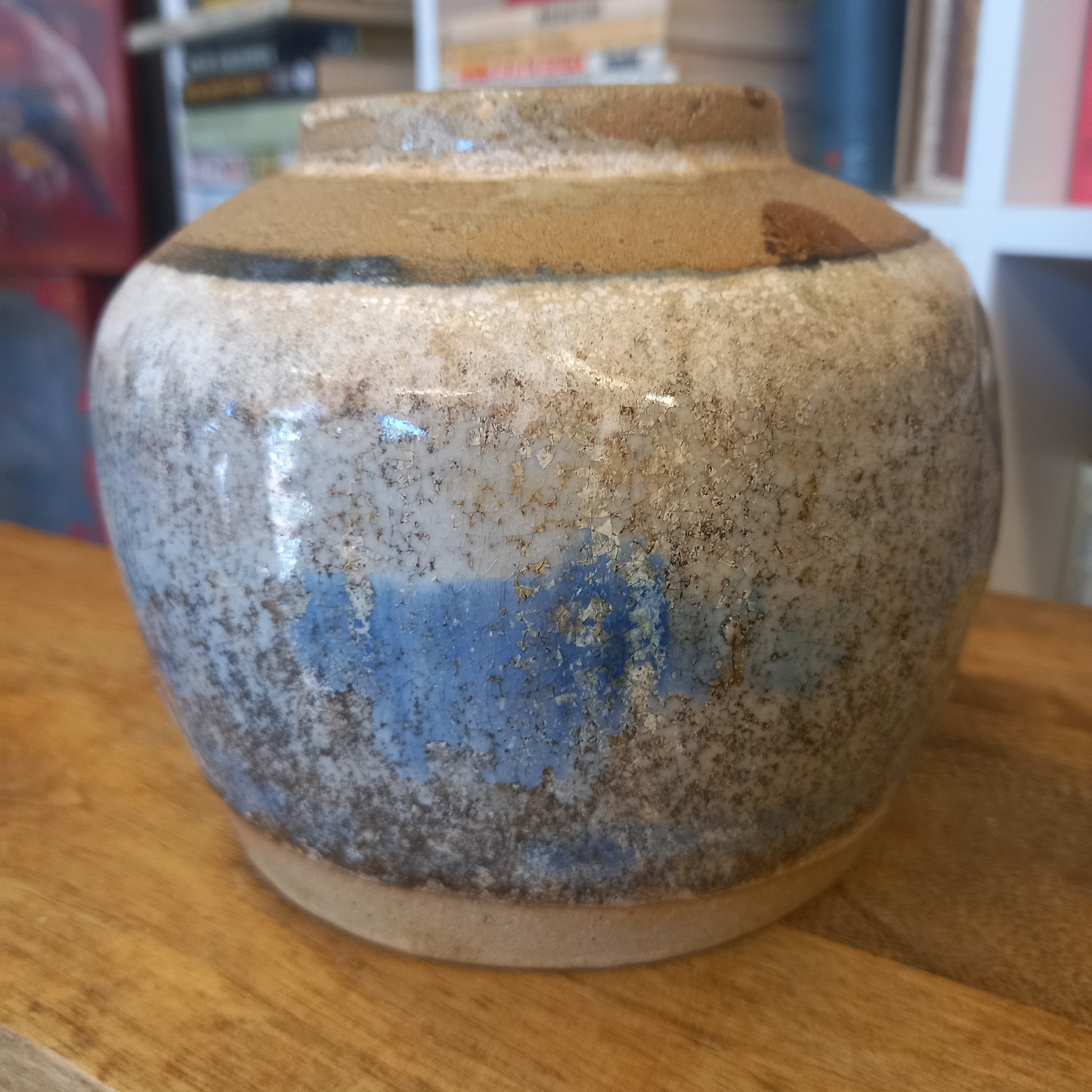 Vintage Cream Ginger Jar with blue tones no lid-Decor-Tilbrook and Co