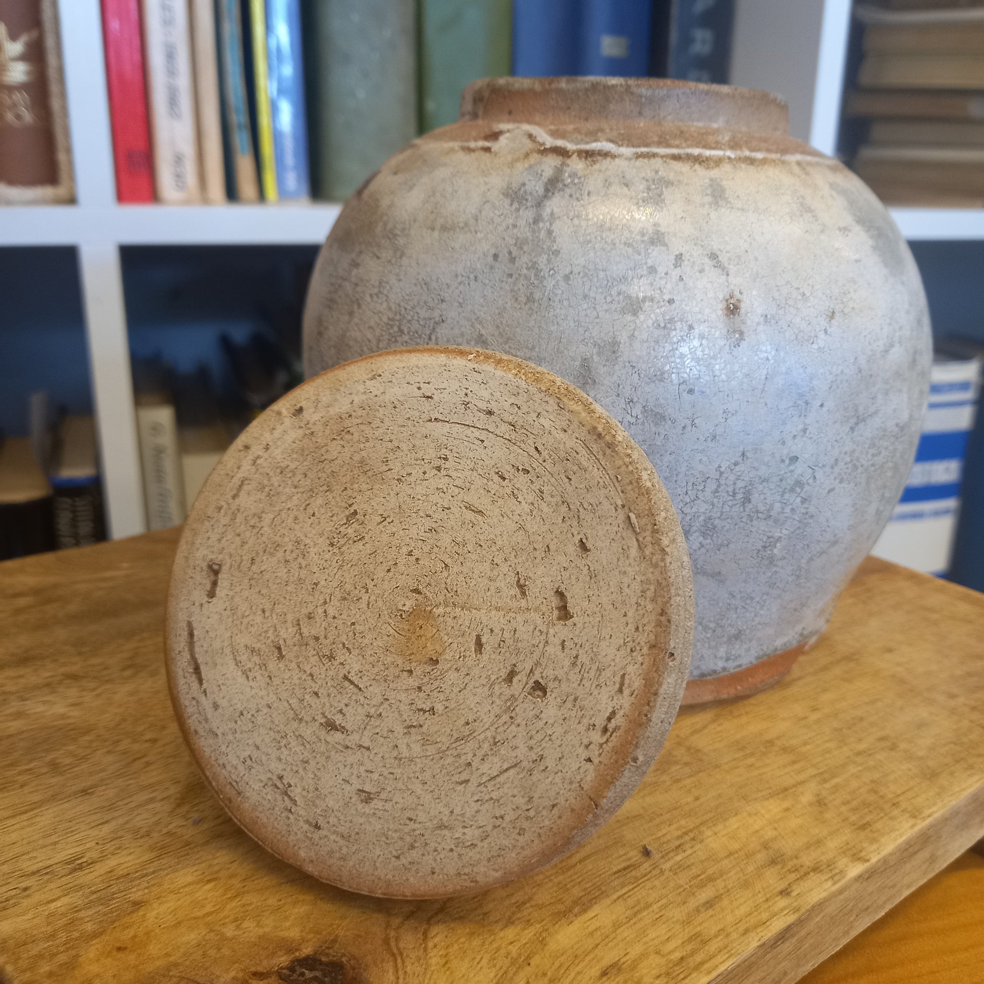 Vintage Cream and Grey Glazed Ginger Jar with plain lid-Vintage Ceramics-Tilbrook and Co