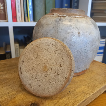 Vintage Cream and Grey Glazed Ginger Jar with plain lid-Vintage Ceramics-Tilbrook and Co