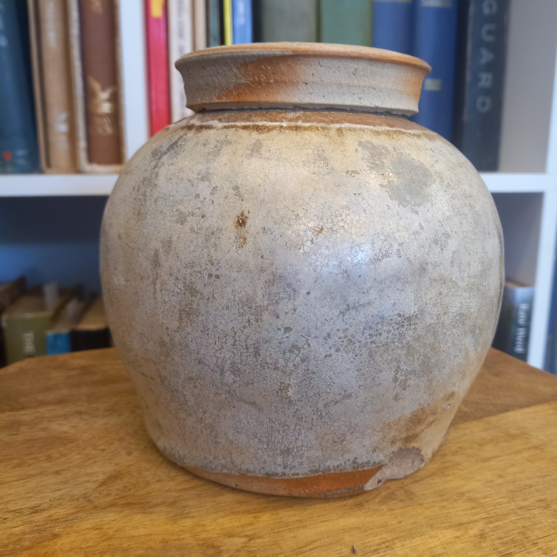 Vintage Cream and Grey Glazed Ginger Jar with plain lid-Vintage Ceramics-Tilbrook and Co