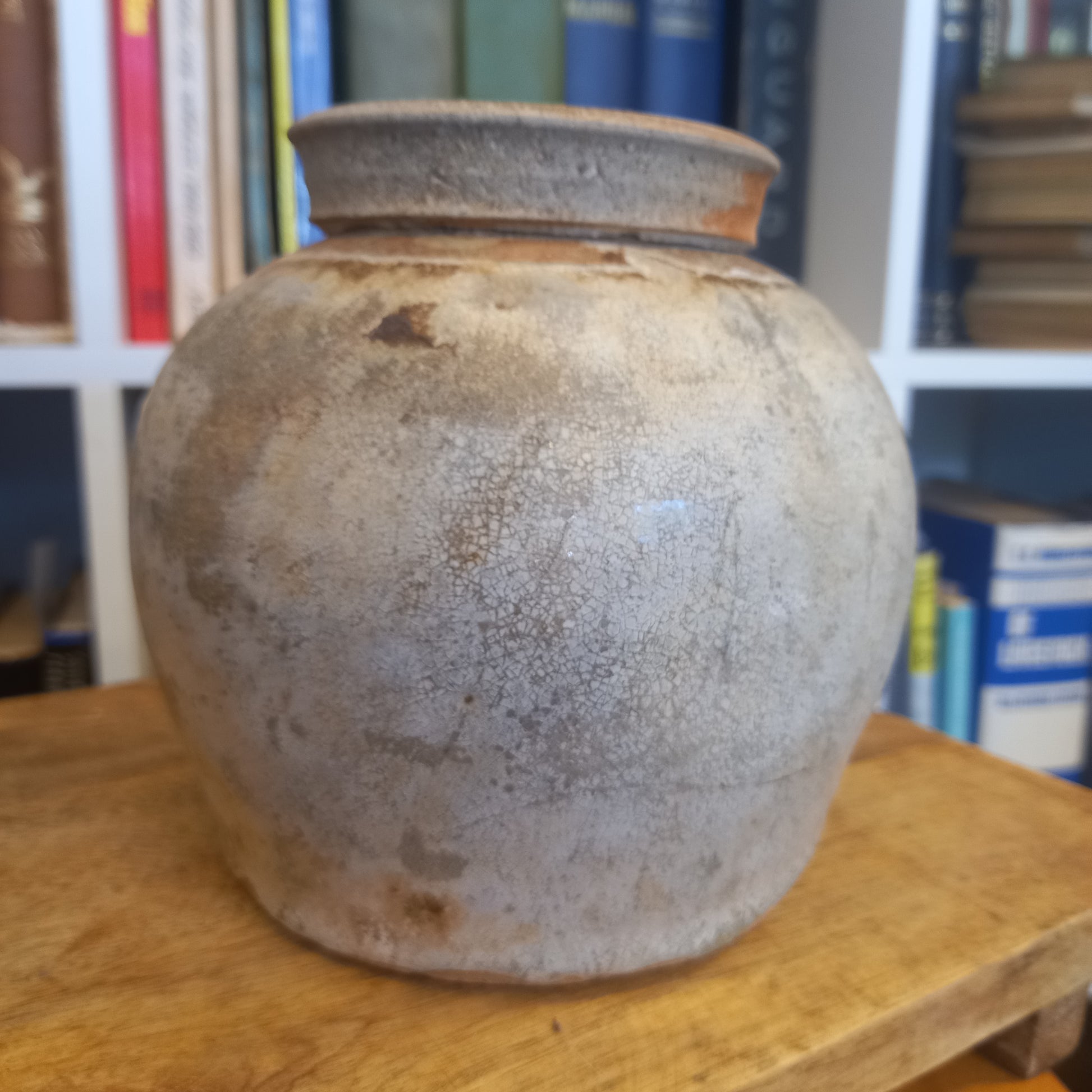 Vintage Cream and Grey Glazed Ginger Jar with plain lid-Vintage Ceramics-Tilbrook and Co