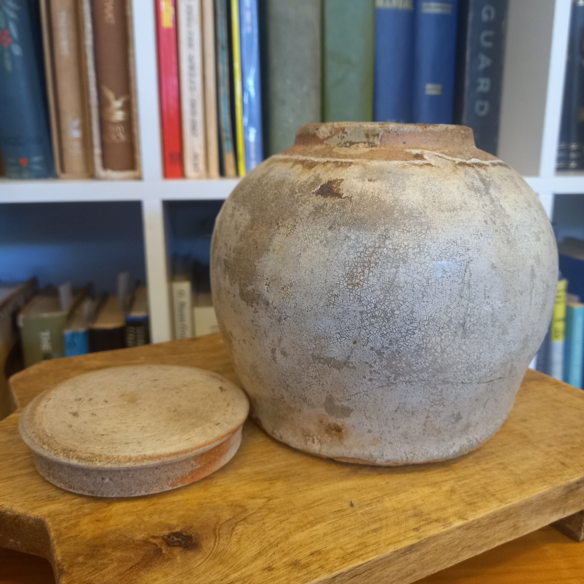 Vintage Cream and Grey Glazed Ginger Jar with plain lid-Vintage Ceramics-Tilbrook and Co
