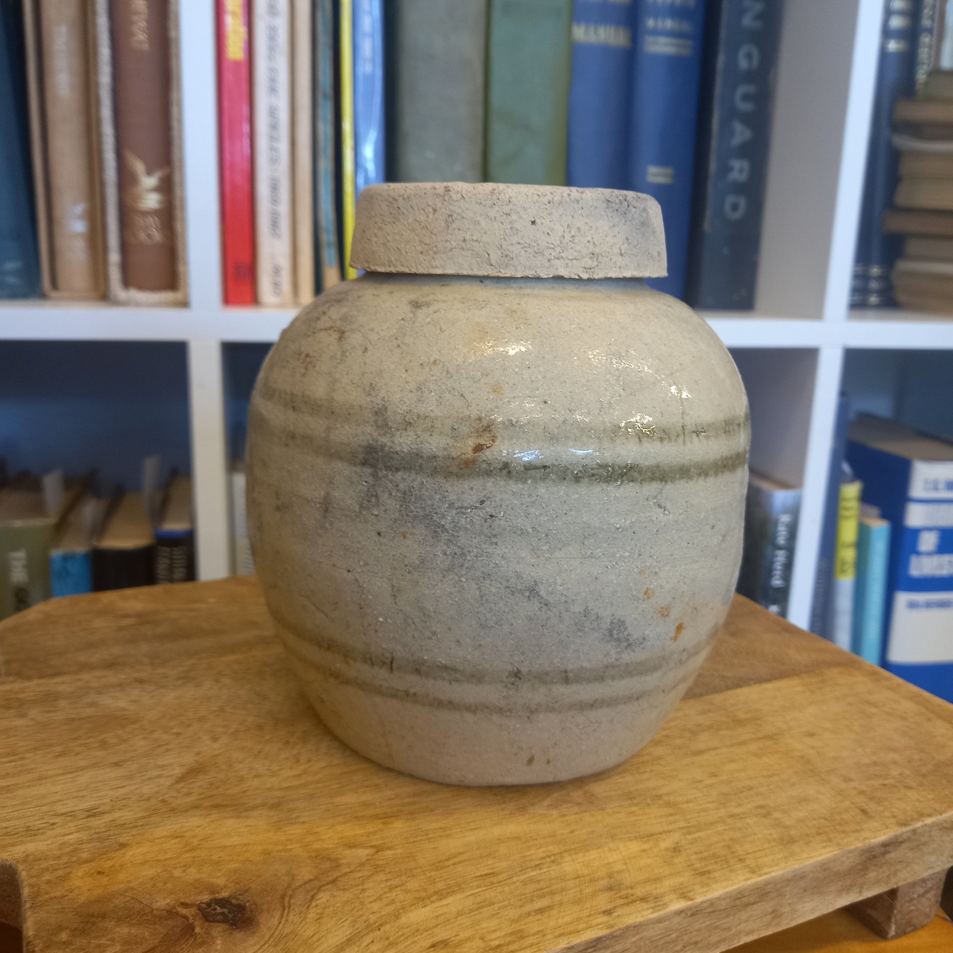Vintage Cream with Grey Stripe Ginger Jar with Lid-Decor-Tilbrook and Co