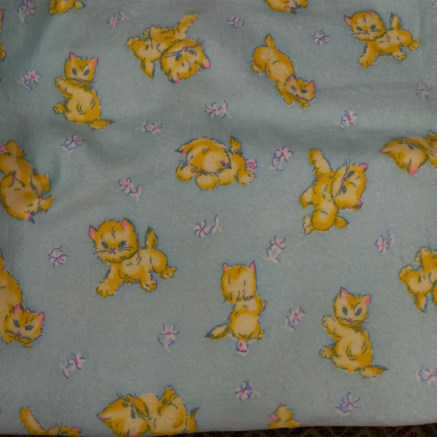 Vintage Flannelette Blue/ Green background with Kittens & Flowers-textiles-Tilbrook and Co