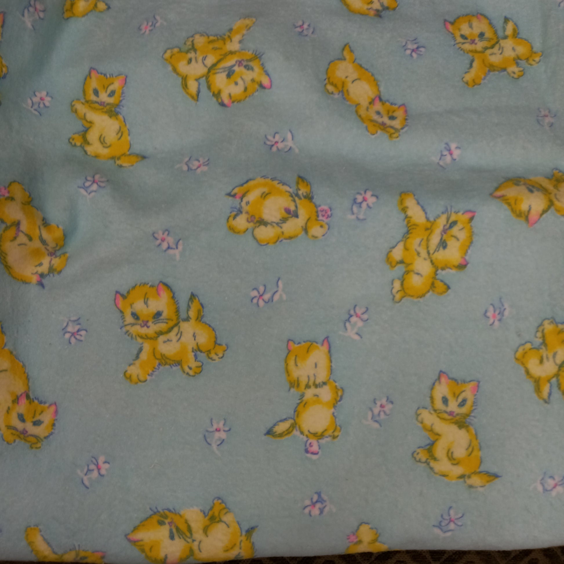 Vintage Flannelette Blue/ Green background with Kittens & Flowers-textiles-Tilbrook and Co