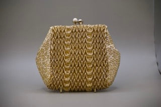 Vintage Gold Squiggled Pleated Evening Bag with Gold Clasp and Faux Pearls-Clothing Accessories-Tilbrook and Co