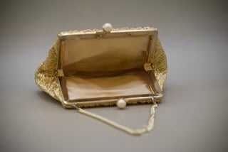 Vintage Gold Squiggled Pleated Evening Bag with Gold Clasp and Faux Pearls-Clothing Accessories-Tilbrook and Co