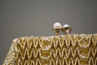 Vintage Gold Squiggled Pleated Evening Bag with Faux Pearls & Gold Clasp-Vintage Handbag-Tilbrook and Co