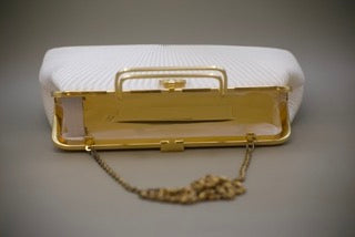 Vintage Lifinia White Stain Pleated Bag with Gold Coloured Clasp with Long Chain-Clothing Accessories-Tilbrook and Co