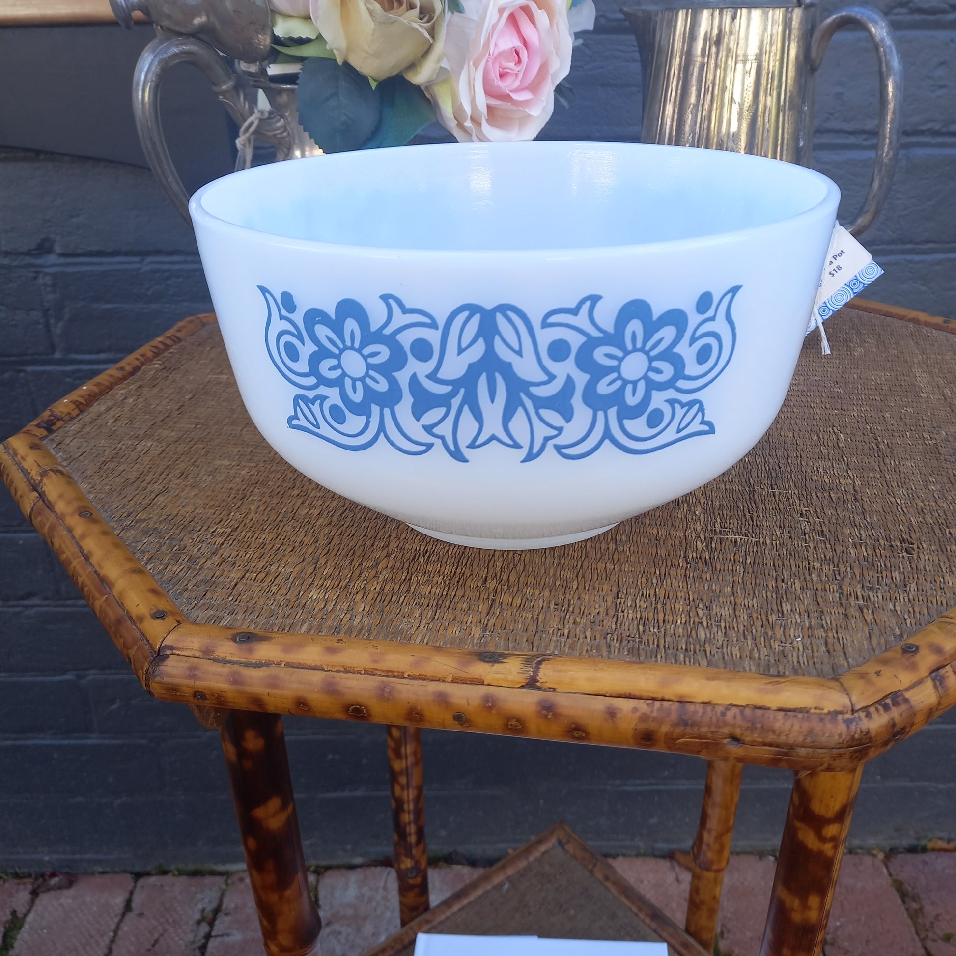 Vintage Milk Glass Mixing Bowl – Blue Tulip Scroll Floral – Fire King Era-Vintage mixing bowl-Tilbrook and Co