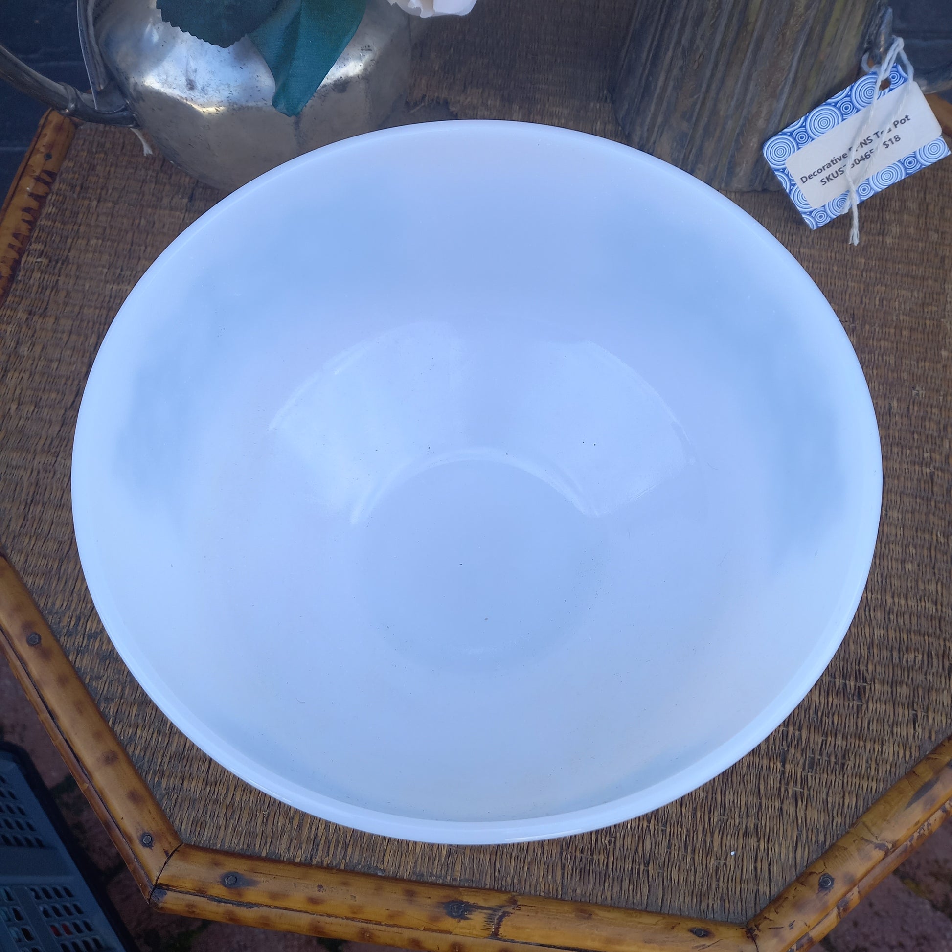 Vintage Milk Glass Mixing Bowl – Blue Tulip Scroll Floral – Fire King Era-Vintage mixing bowl-Tilbrook and Co