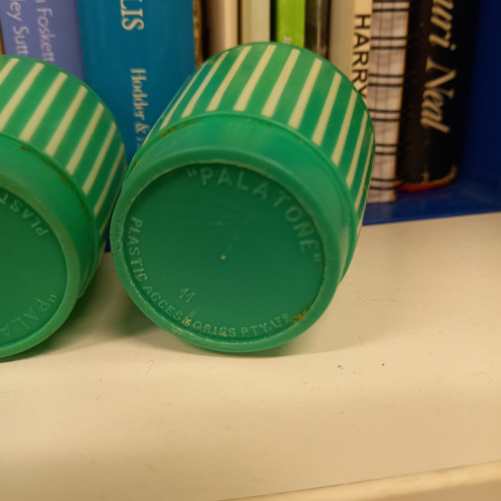 Vintage Palatone Green & Cream Striped Plastic Tumblers – Set of 4 (c.1950s)-Vintage kitchenware / Small tumblers / Collectible retro cu-Tilbrook and Co