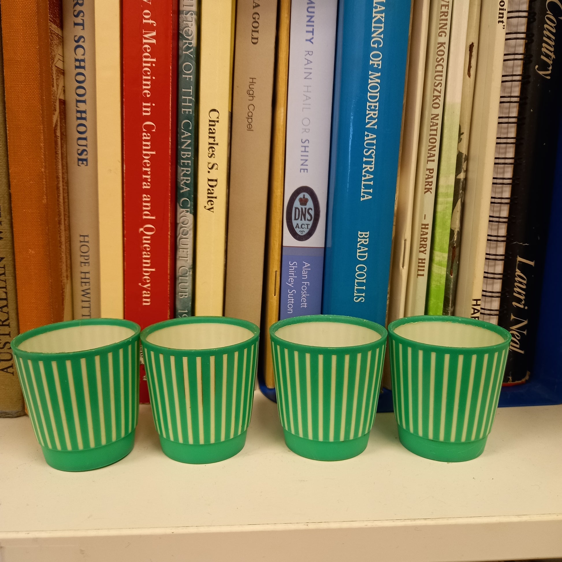 Vintage Palatone Green & Cream Striped Plastic Tumblers – Set of 4 (c.1950s)-Vintage kitchenware / Small tumblers / Collectible retro cu-Tilbrook and Co
