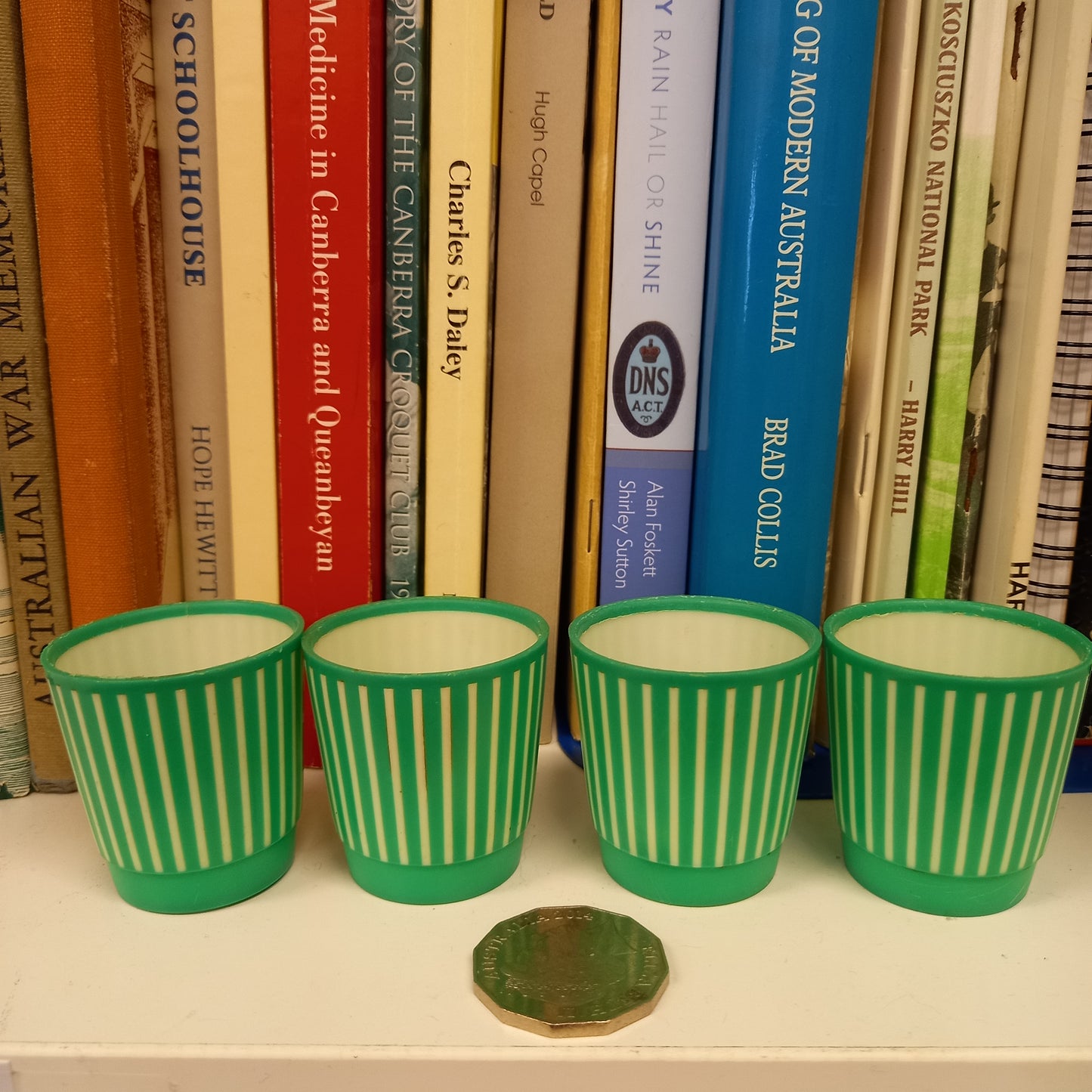 Vintage Palatone Green & Cream Striped Plastic Tumblers – Set of 4 (c.1950s)-Vintage kitchenware / Small tumblers / Collectible retro cu-Tilbrook and Co