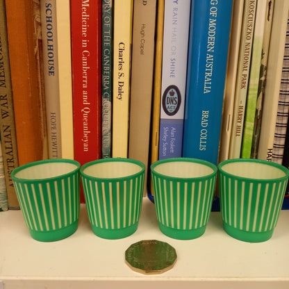 Vintage Palatone Green & Cream Striped Plastic Tumblers – Set of 4 (c.1950s)-Vintage kitchenware / Small tumblers / Collectible retro cu-Tilbrook and Co