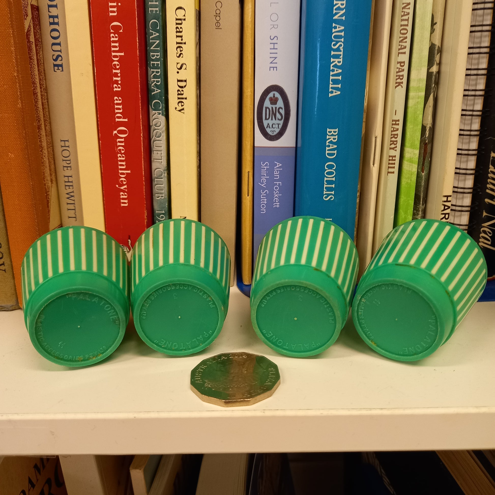 Vintage Palatone Green & Cream Striped Plastic Tumblers – Set of 4 (c.1950s)-Vintage kitchenware / Small tumblers / Collectible retro cu-Tilbrook and Co