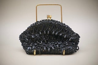 Vintage Small Black Beaded Evening Bag with Gold Clasp and small chain-Clothing Accessories-Tilbrook and Co