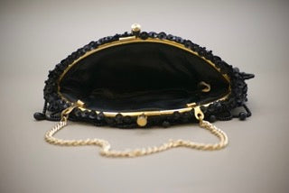 Vintage Small Black Beaded Evening Bag with Gold Clasp and small chain-Clothing Accessories-Tilbrook and Co