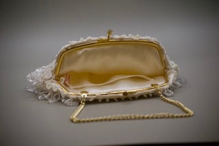 Vintage White Beaded Evening Bag with Gold Coloured Clasp with chain-Clothing Accessories-Tilbrook and Co