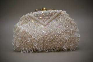 Vintage White Beaded Evening Bag with Gold Coloured Clasp with chain-Clothing Accessories-Tilbrook and Co