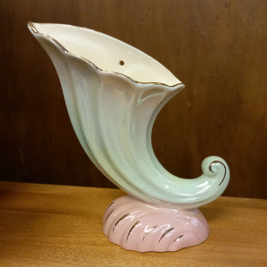 Vintage Cornucopia Wall Vase – Lustre Green & Pink with Gold Accents-Vintage wall vase / Decorative ceramic-Tilbrook and Co
