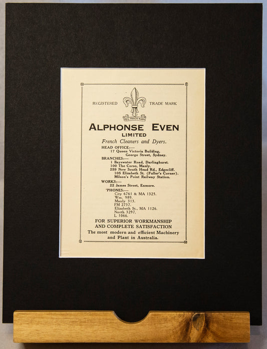 Original 1914 Alphonse Even Ltd Advertisement – Vintage French Cleaners & Dyers, Sydney Ephemera-Vintage Ephemera-Tilbrook and Co