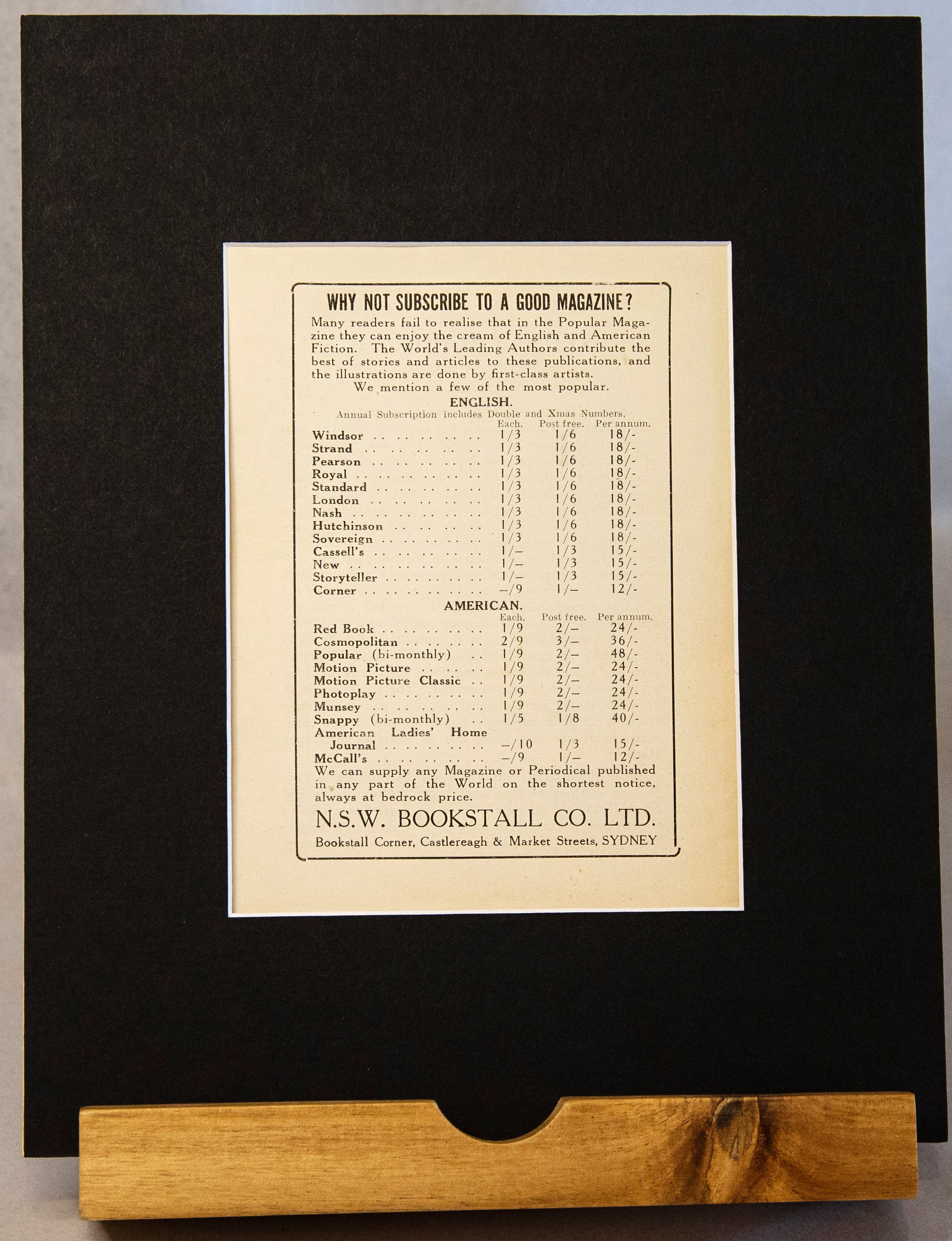 Original Vintage 1914 N.S.W. Bookstall Co. Ltd – Why Not Subscribe to a Good Magazine Advertisement-Vintage Ephemera-Tilbrook and Co