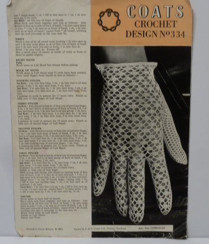 Vintage Coats Crochet Design No 344 - Gloves-Needlecraft Patterns-Tilbrook and Co