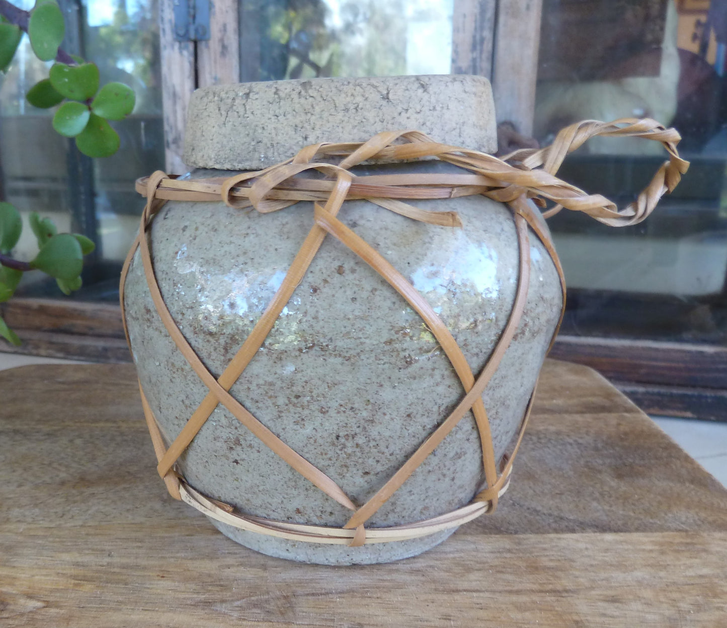 Chinese Ginger Jar with Woven Bamboo Cover and lid-Collectables-Tilbrook and Co