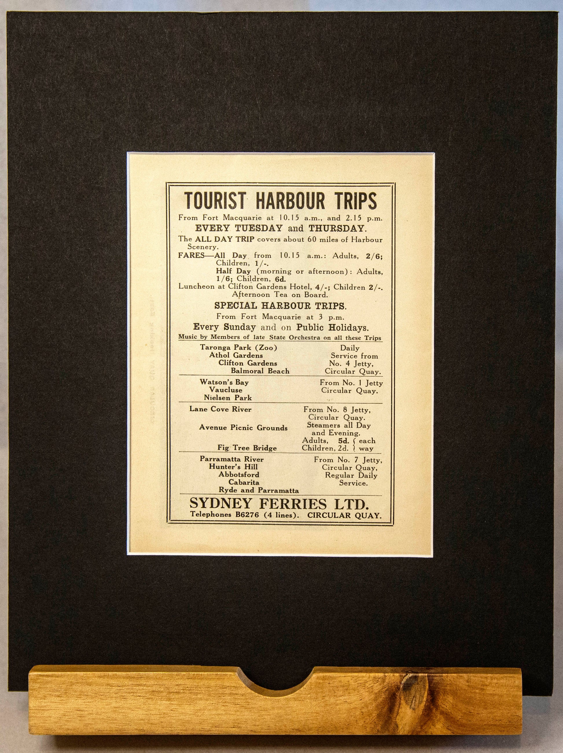 Original 1914 Sydney Ferries Ltd Advertisement – Tourist Harbour Trips-Vintage Ephemera-Tilbrook and Co