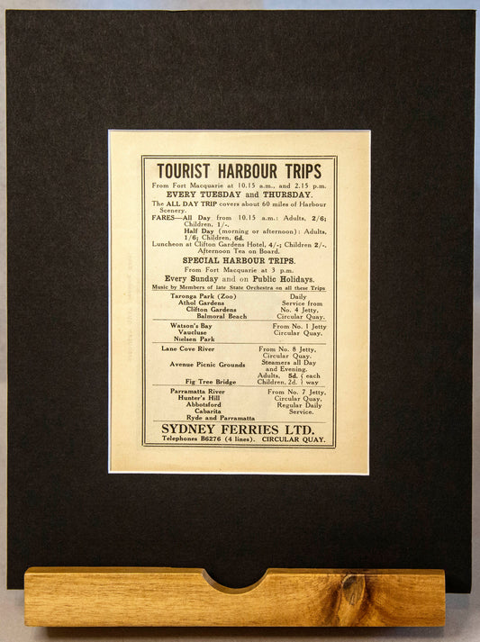Original 1914 Sydney Ferries Ltd Advertisement – Tourist Harbour Trips-Vintage Ephemera-Tilbrook and Co