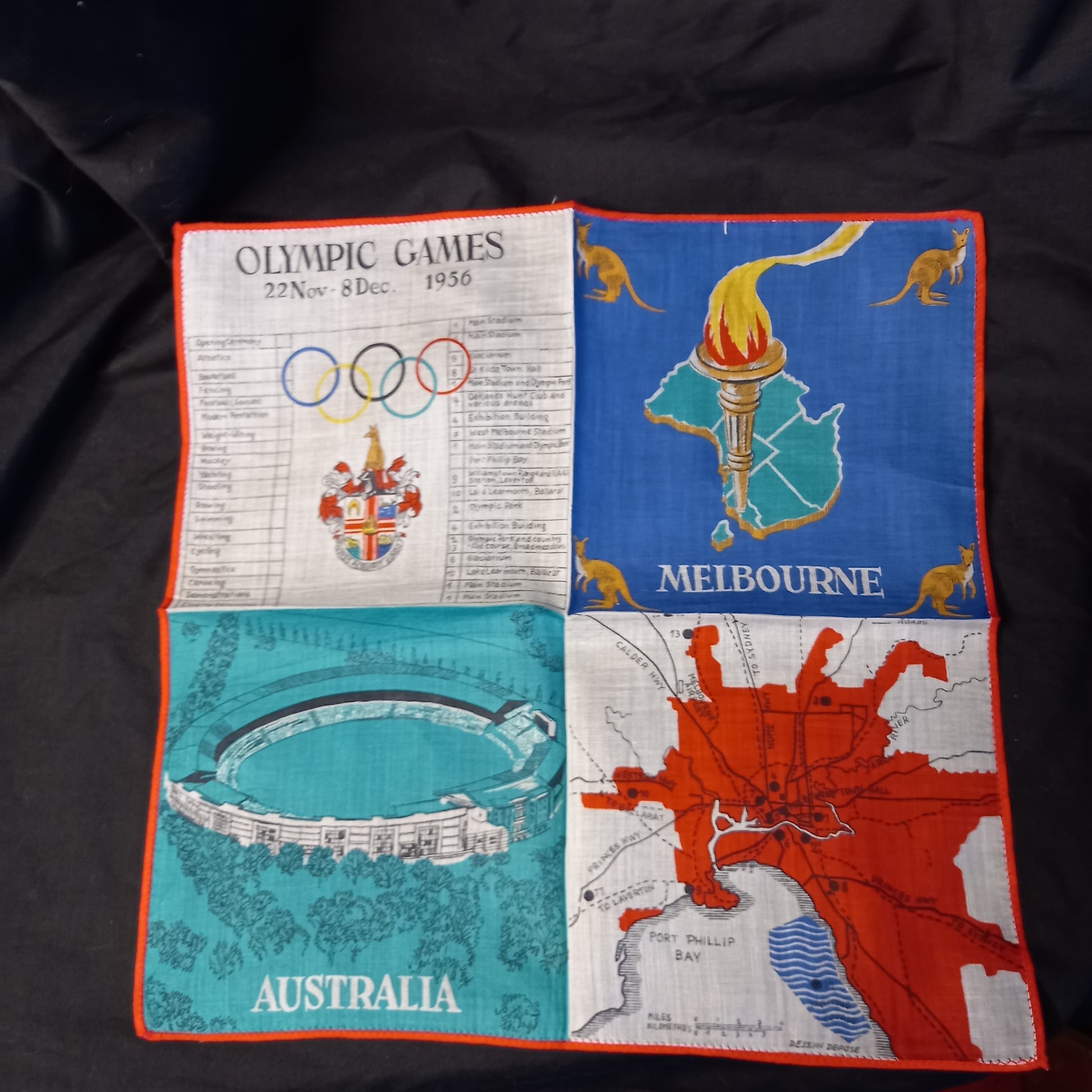 Vintage 1950s Olympic Games - 22 Nov - 8 Dec 1956 Commemorative Handkerchief-Ephemera-Tilbrook and Co